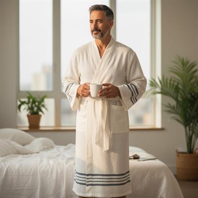 Krem Sultan Bathrobe Kimono Natural - Navy