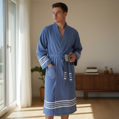 Krem Sultan Kimono Yaka Bornoz Royal Mavi