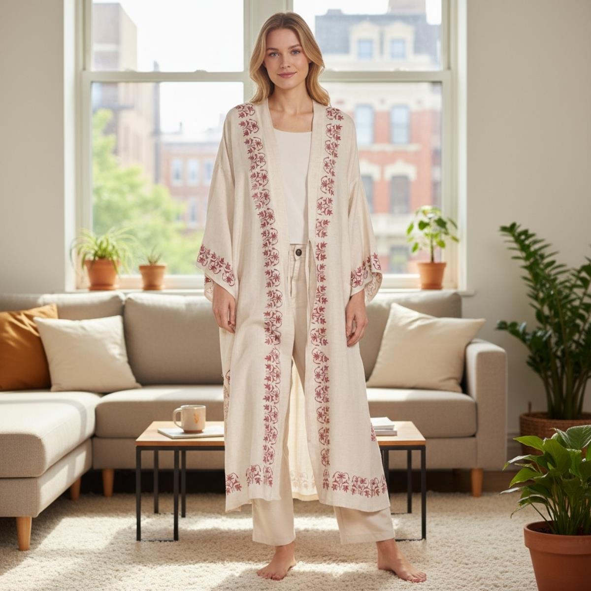 Asena Caftan Natural - Bordeaux