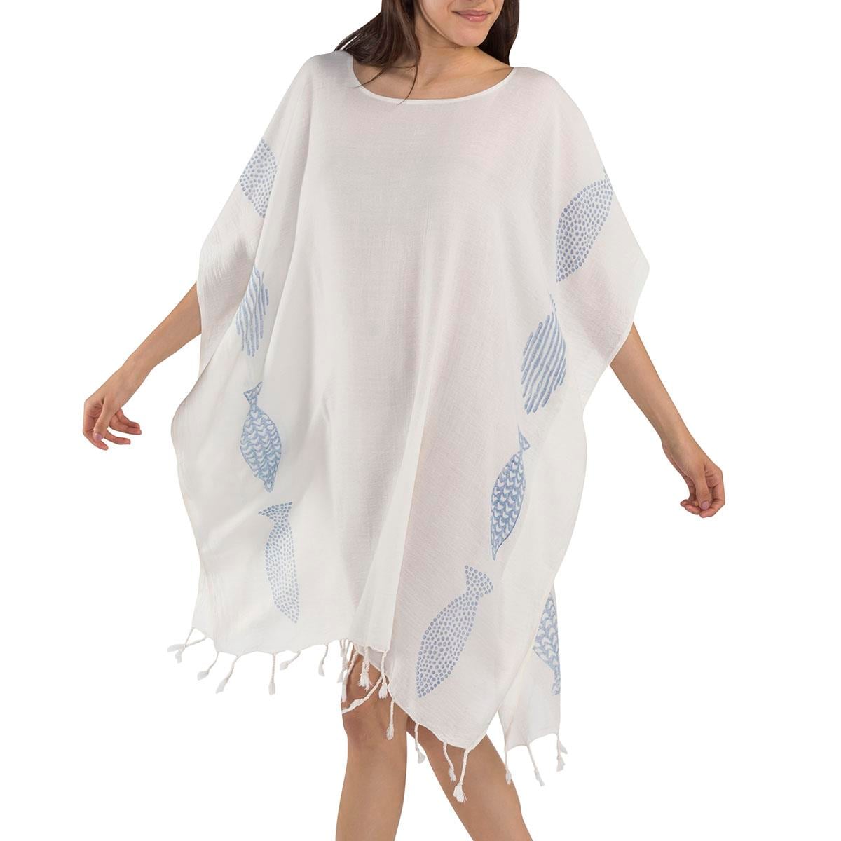Fish Hand Printed Tunic Natural - Blue