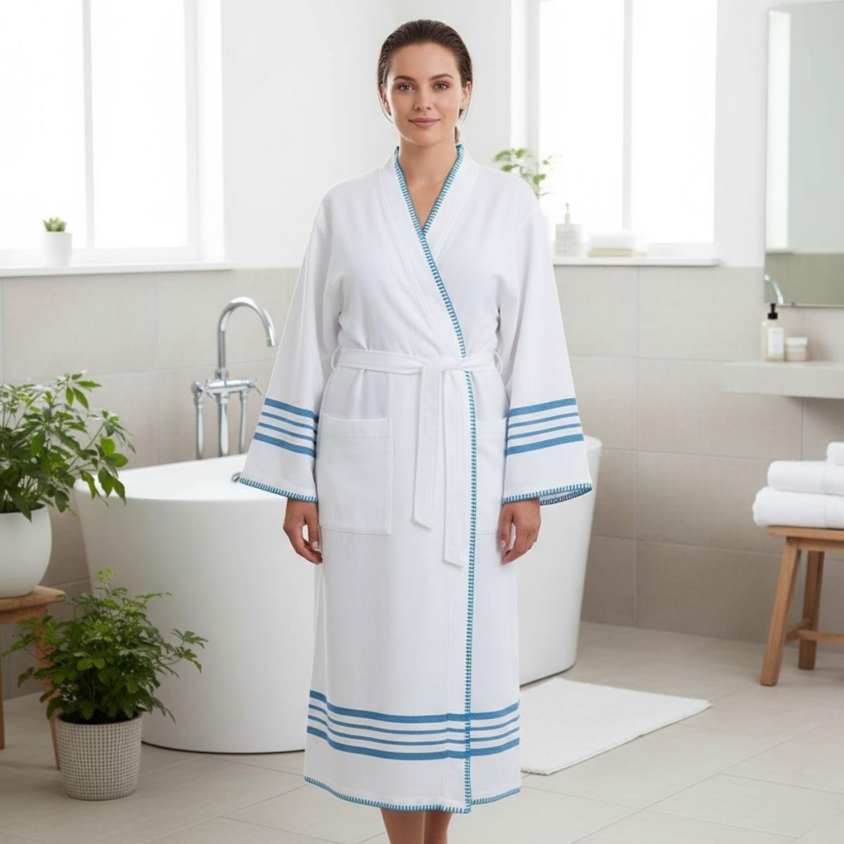 White Coban Sultan Bathrobe Kimono White - Petrol Blue