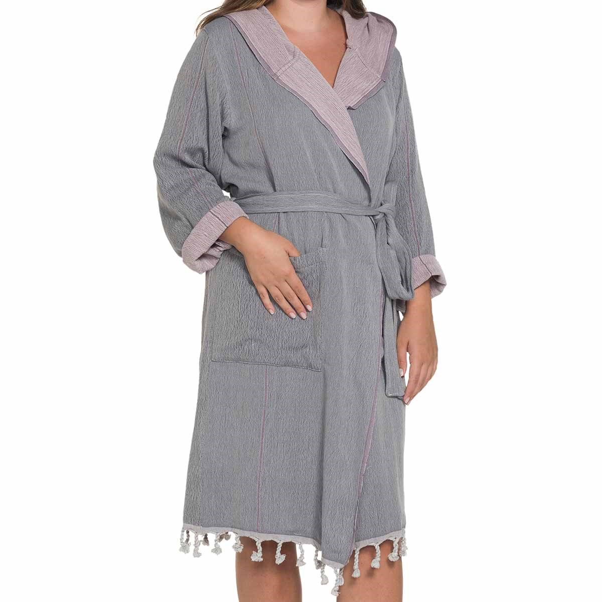 Double Bathrobe with Hood Dark Grey - Rose Pink