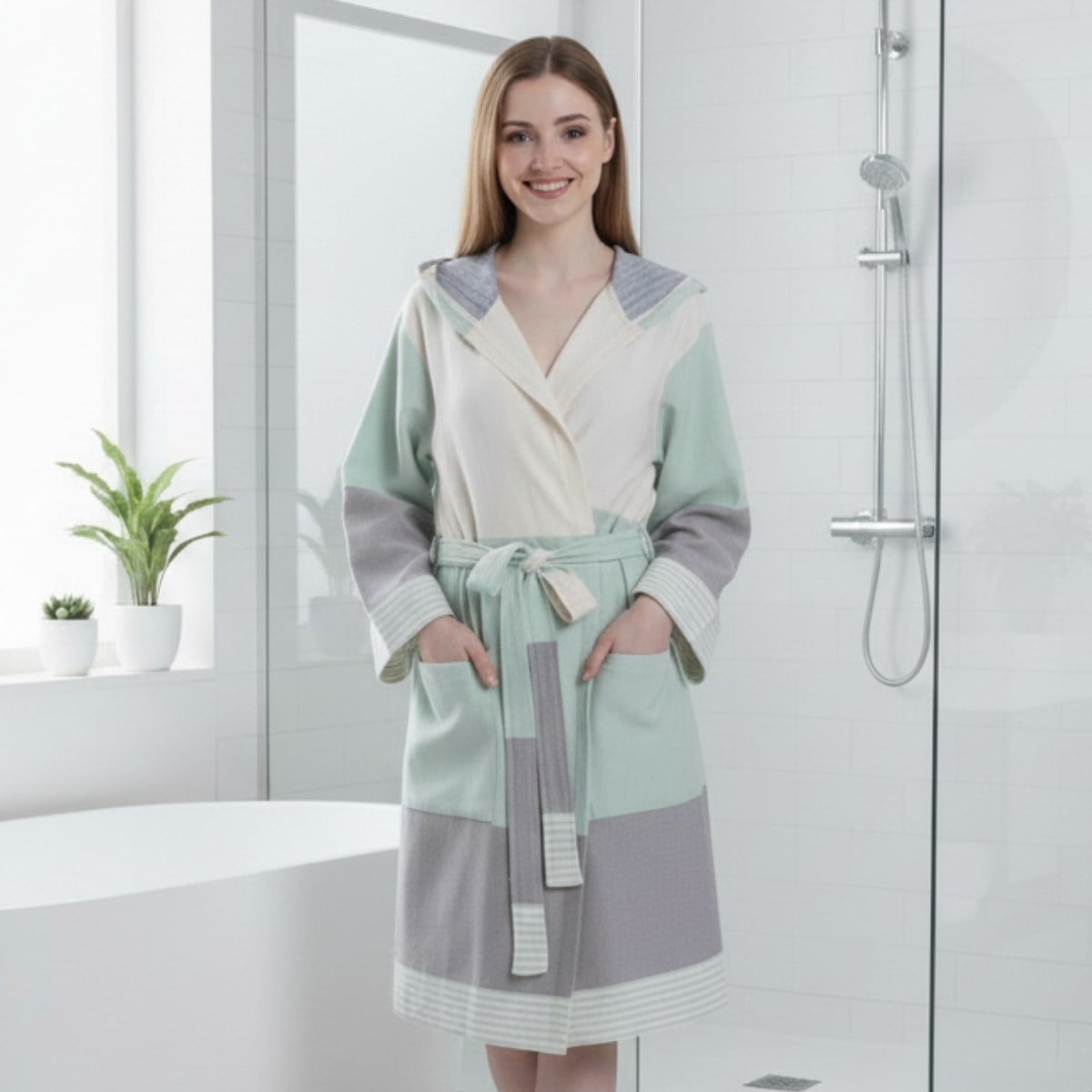 Twin Sultan Bathrobe with Hood Mint Green - Light Grey - Natural