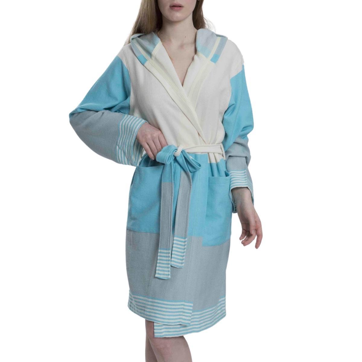 Twin Sultan Bathrobe with Hood Turquoise - Light Blue - Natural