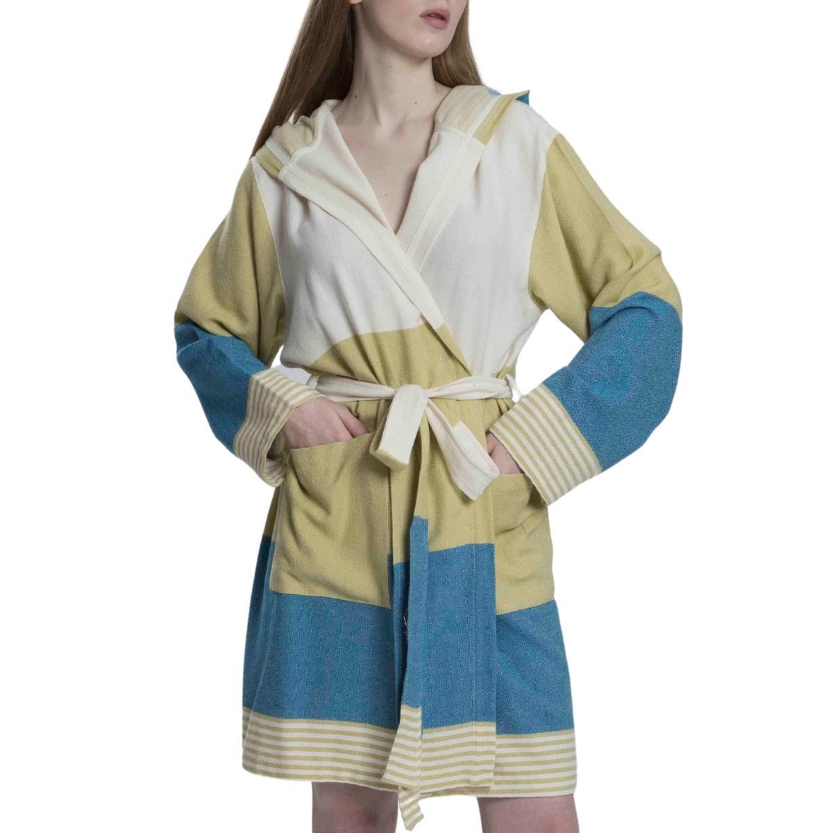 Twin Sultan Bathrobe with Hood Green - Petrol Blue - Natural