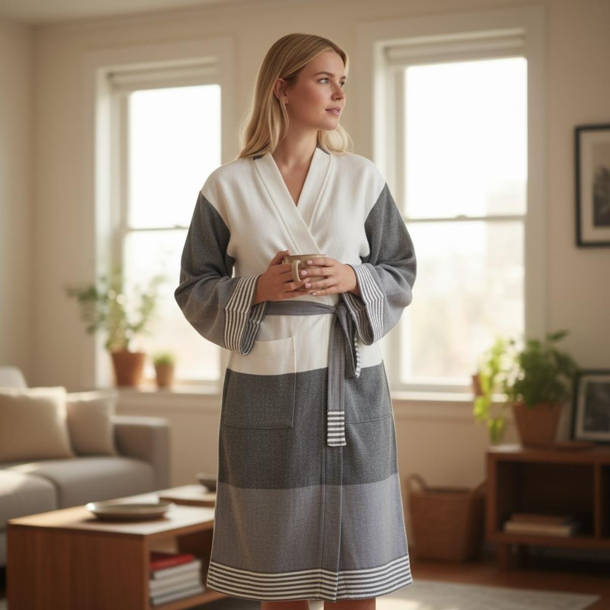 İkiz Sultan Kimono Yaka Bornoz Siyah - Koyu Gri - Ham