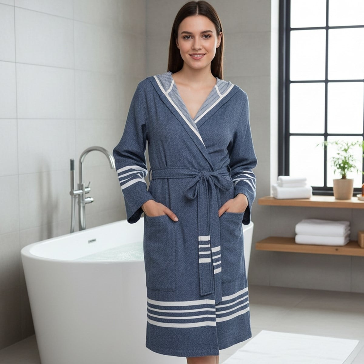 Krem Sultan Bathrobe with Hood Navy