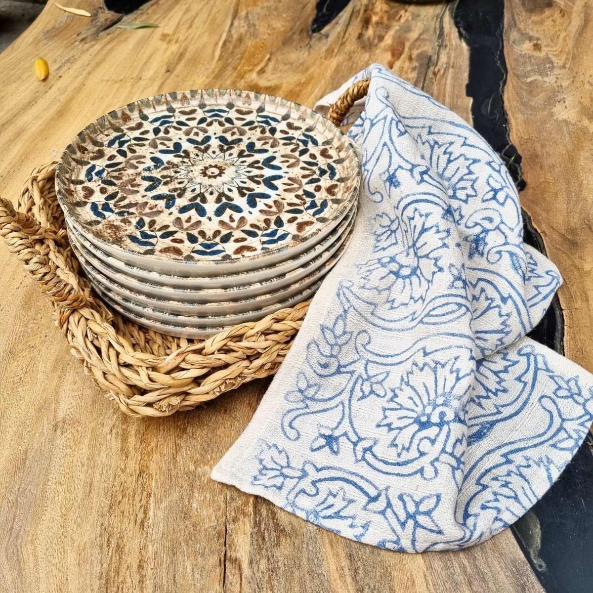 Kitchen cloth - Hand Printed Napkin Beige - Blue
