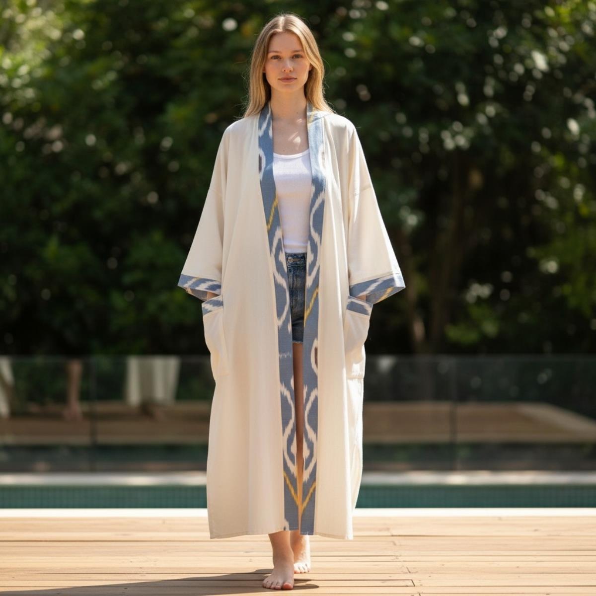 Satin Caftan Natural - Blue