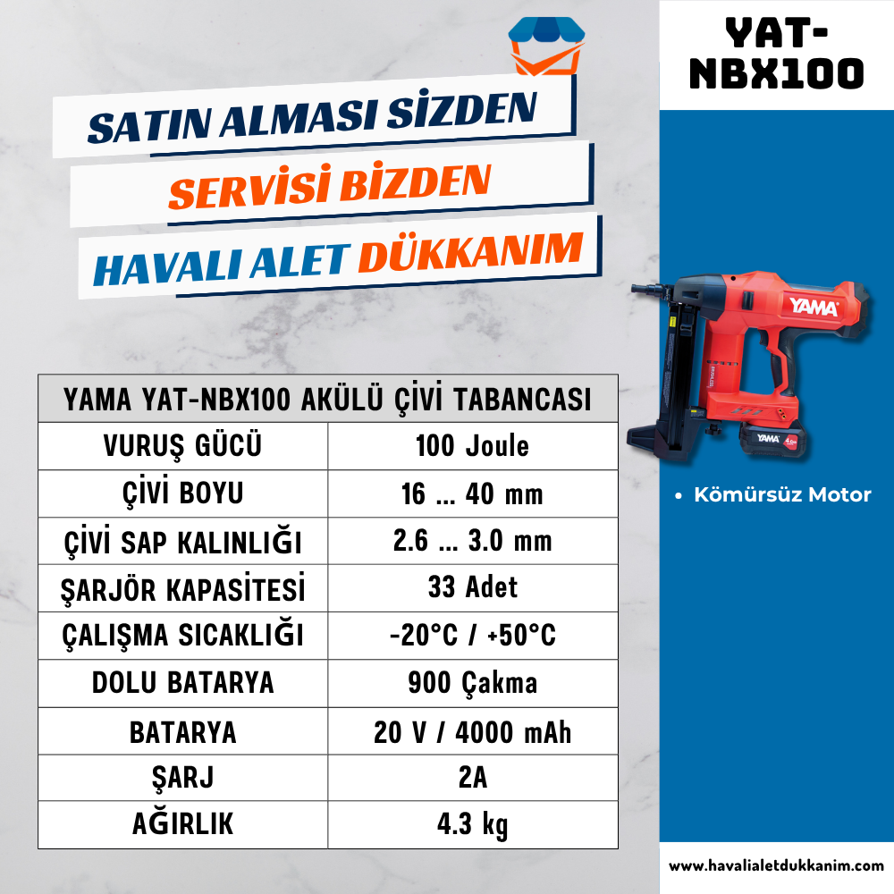 YAMA YAT-NBX100 Akülü Çivi Tabancası 100 Joule Kömürsüz Motor