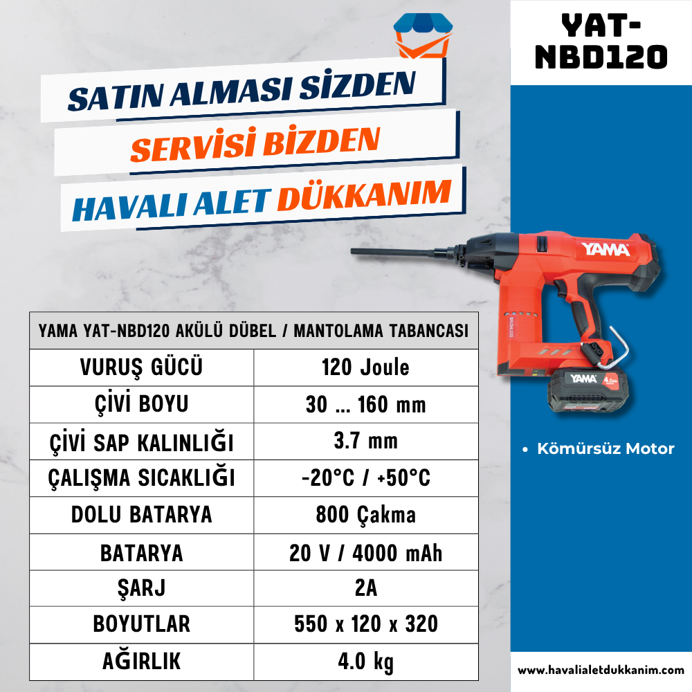 YAMA YAT-NBD120 Akülü Dübel / Mantolama Tabancası 120 Joule Kömürsüz Motor