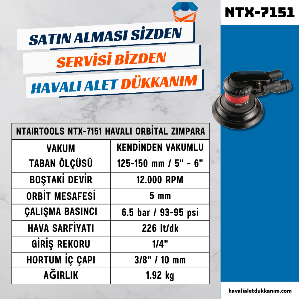 NTAirTools NTX-7151 Havalı Kendinden Vakumlu Orbital Zımpara 125 / 150 mm Uyumlu