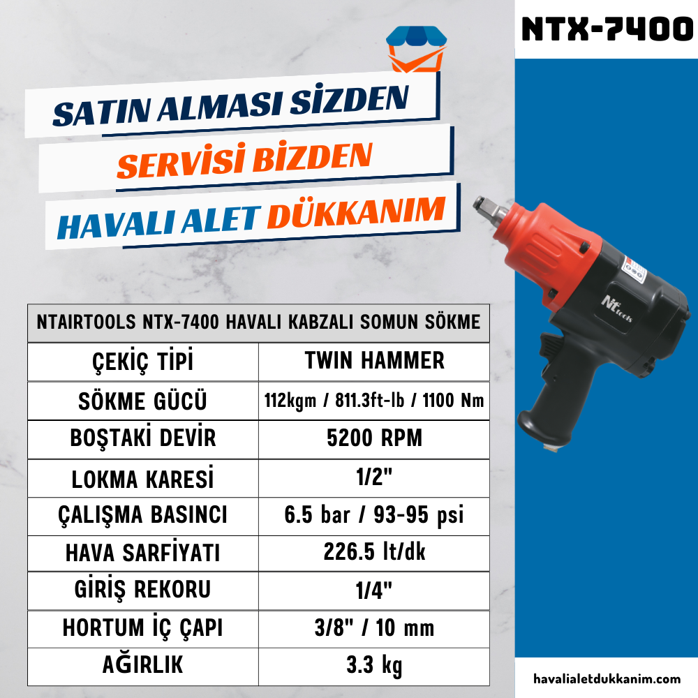 NTAirTools NTX-7400 Havalı Kabzalı Somun Sökme 1/2