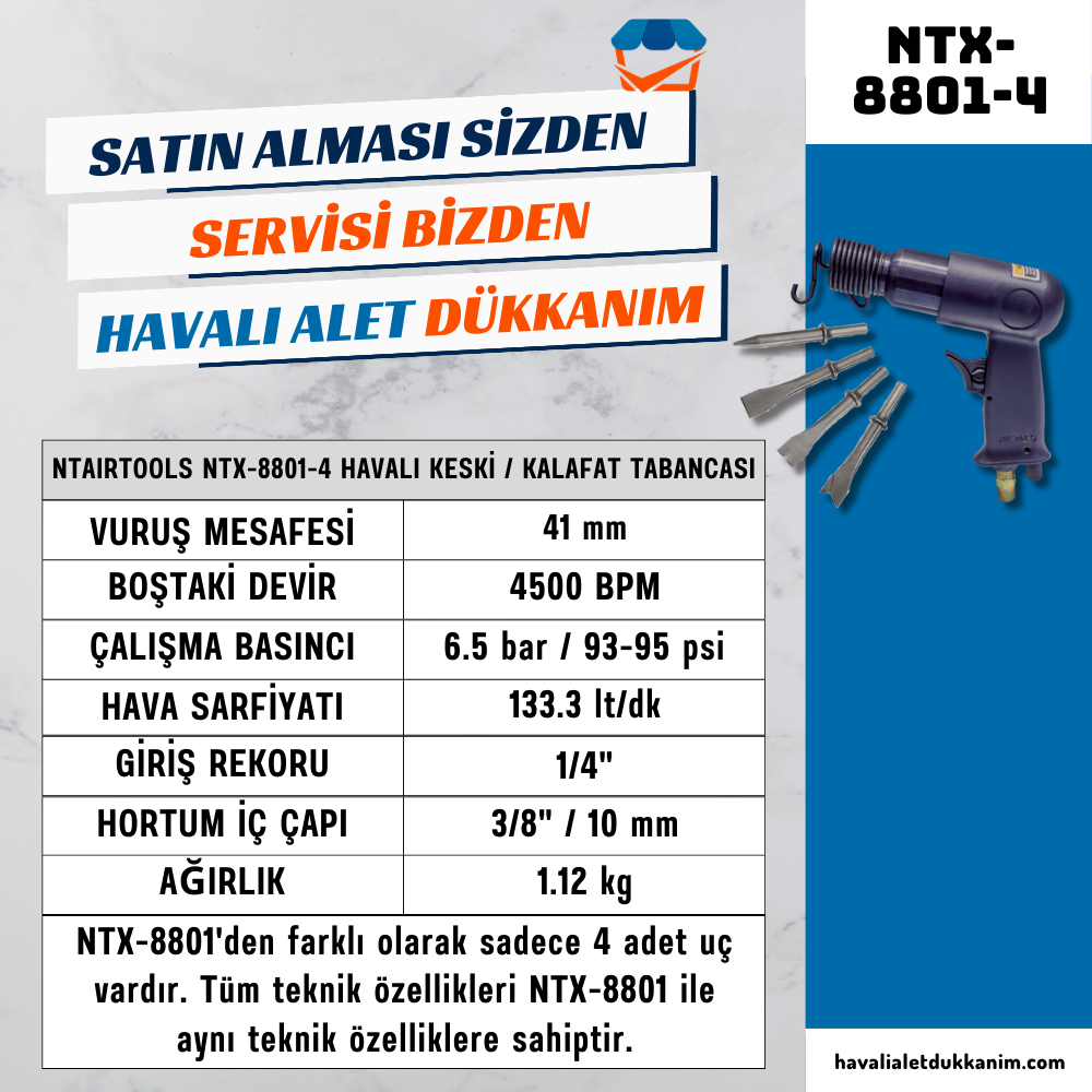 NTAirTools NTX-8801-4 Keski / Kalafat Tabancası 150 mm 4 Uç İle Birlikte