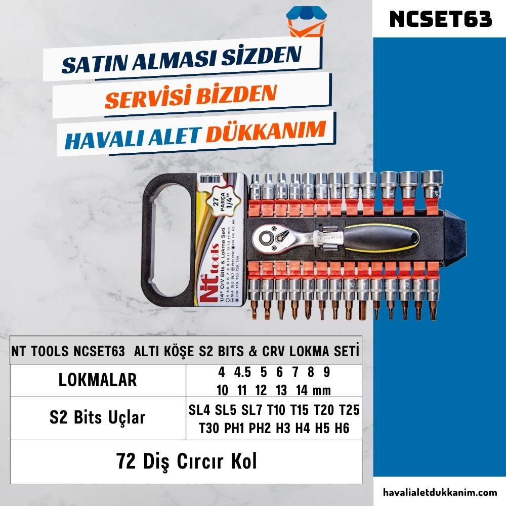 NT Tools NCSET63 Altı Köşe S2 Bits & CrV Lokma Seti 27 Parça 1/4