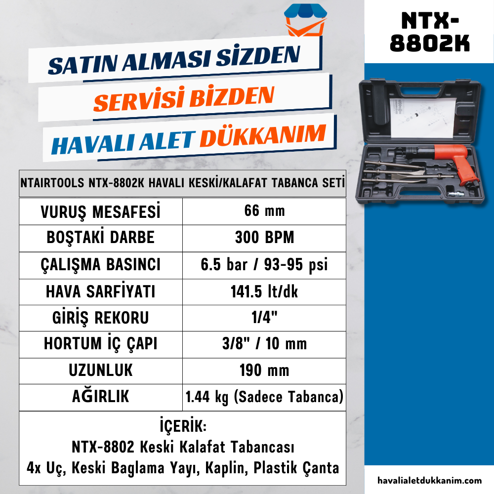 NTAirTools NTX-8802K Havalı Keski/Kalafat Tabanca Seti 190 mm 9 Parça