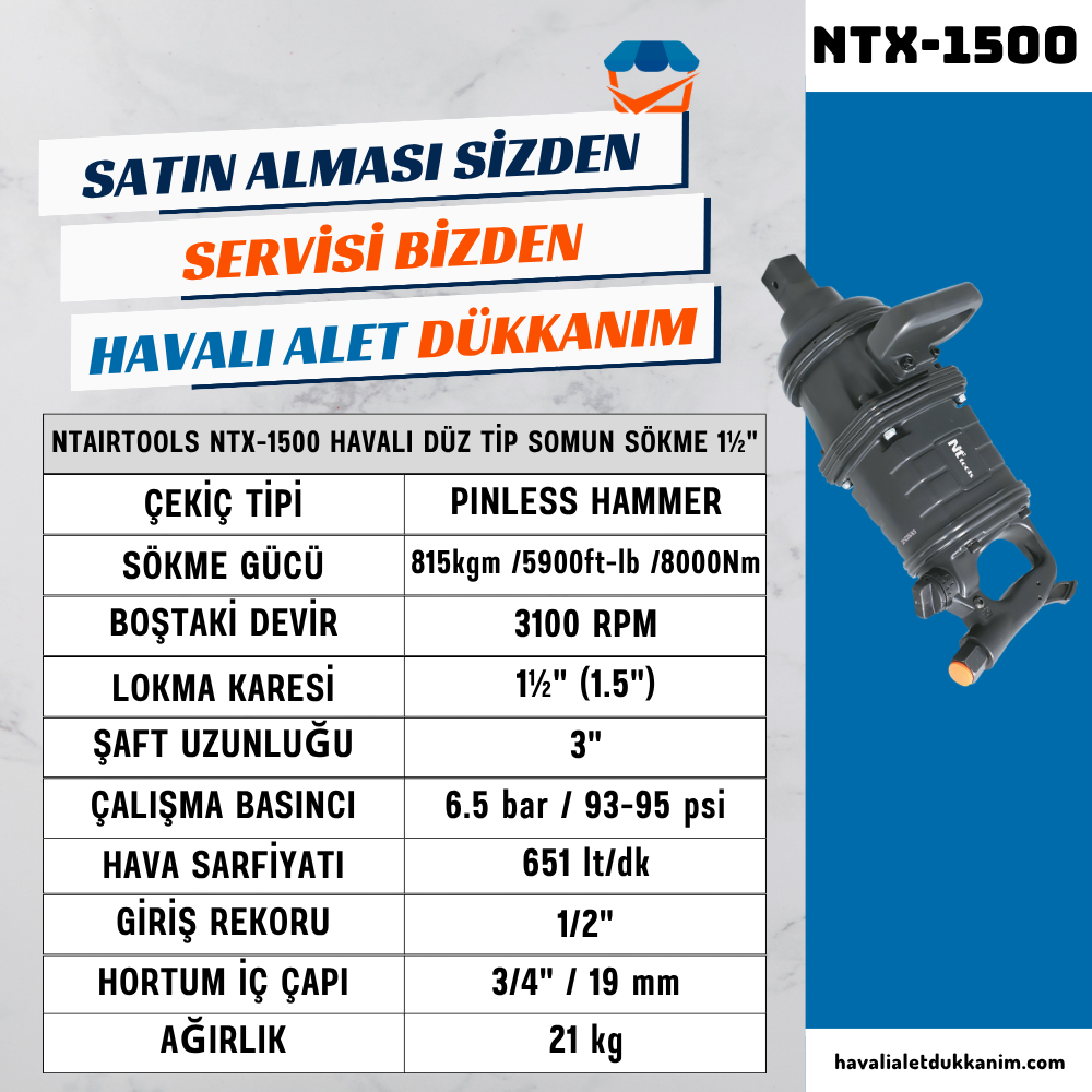 NTAirTools NTX-1500 Havalı Düz Tip Somun Sökme 1½
