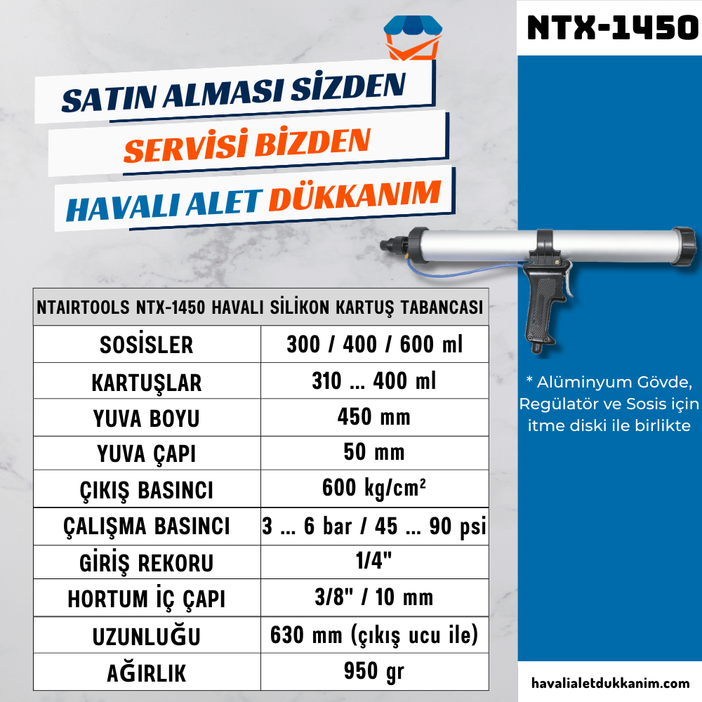 NTAirTools NTX-1450 Havalı Silikon Kartuş Tabancası 450 Ml