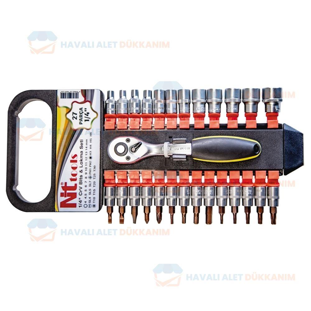 NT Tools NCSET63 Altı Köşe S2 Bits & CrV Lokma Seti 27 Parça 1/4