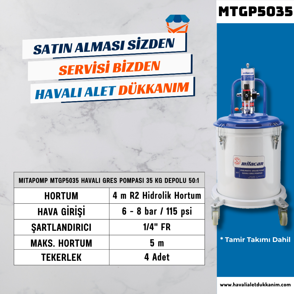Mitacan Mitapomp MTGP5035 Havalı Gres Pompası 35 Kg Depolu 50:1