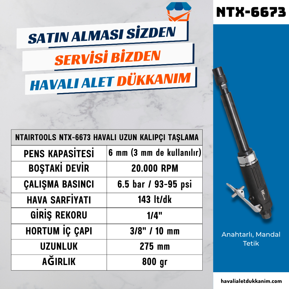 NTAirTools NTX-6673 Havalı Uzun Kalıpçı Taşlama 6 mm