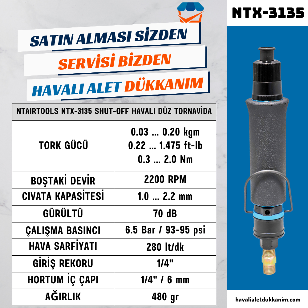 NTAirTools NTX-3135 Shut-Off Havalı Düz Tornavida 6 mm 2200 RPM