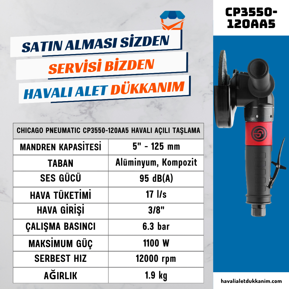 Chicago Pneumatic CP3550-120AA5 Havalı Açılı Taşlama Makinesi 125 mm
