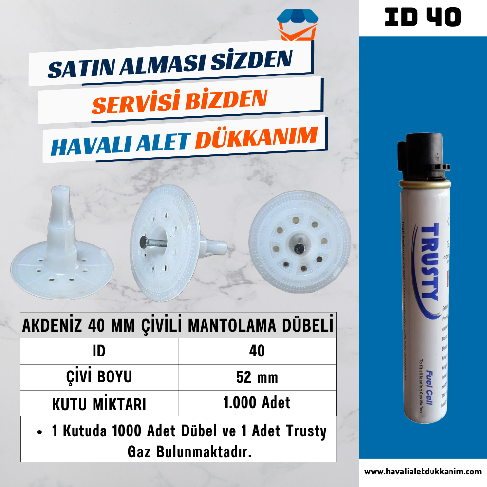 Akdeniz 40 mm Çivili Mantolama Dübeli 1000 Adet/Koli + 1 Adet Gaz