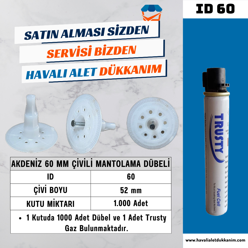 Akdeniz 60 mm Çivili Mantolama Dübeli 1000 Adet/Koli + 1 Adet Gaz