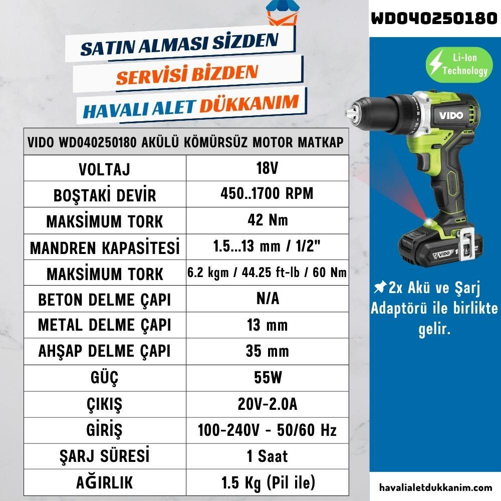 VIDO WD040250180 Kompakt Kömürsüz Motor Matkap ve Vidalama 18V