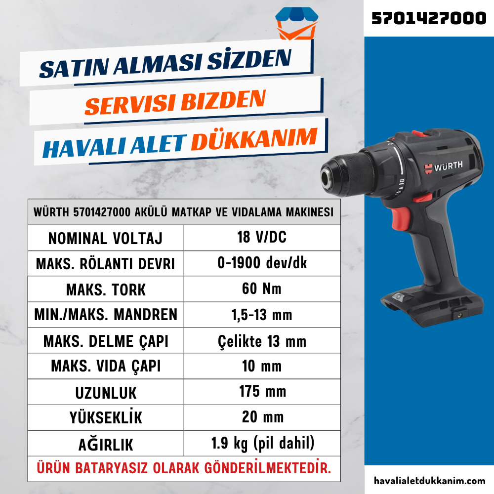 Würth 5701427000 Akülü Matkap ve Vidalama Makinesi Bataryasız