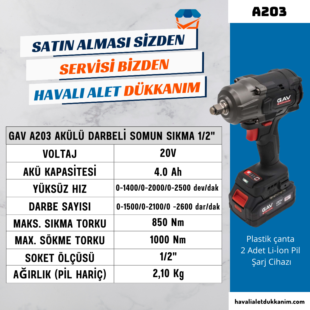 GAV A203 Akülü Darbeli Somun Sıkma 1/2
