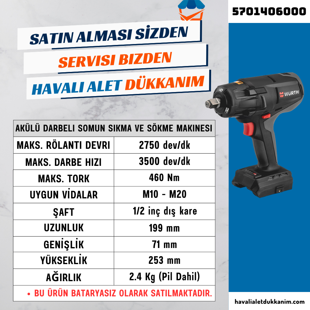 Würth 5701406000 Akülü Darbeli Somun Sıkma ve Sökme Makinesi Bataryasız