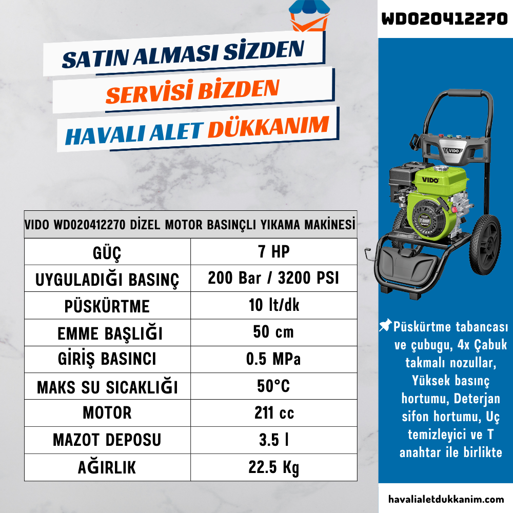VIDO WD020412270 Dizel Motor Basınçlı Yıkama Makinesi 7 HP