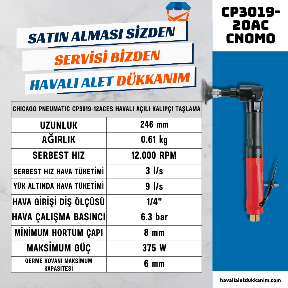 Chicago Pneumatic CP3019-12ACES Havalı Açılı Kalıpçı Taşlama Makinesi 6 mm