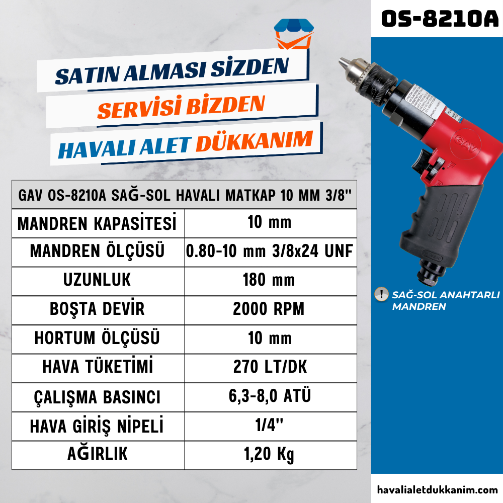 GAV OS-8210A Havalı Matkap Sağ Sol 10 mm 3/8