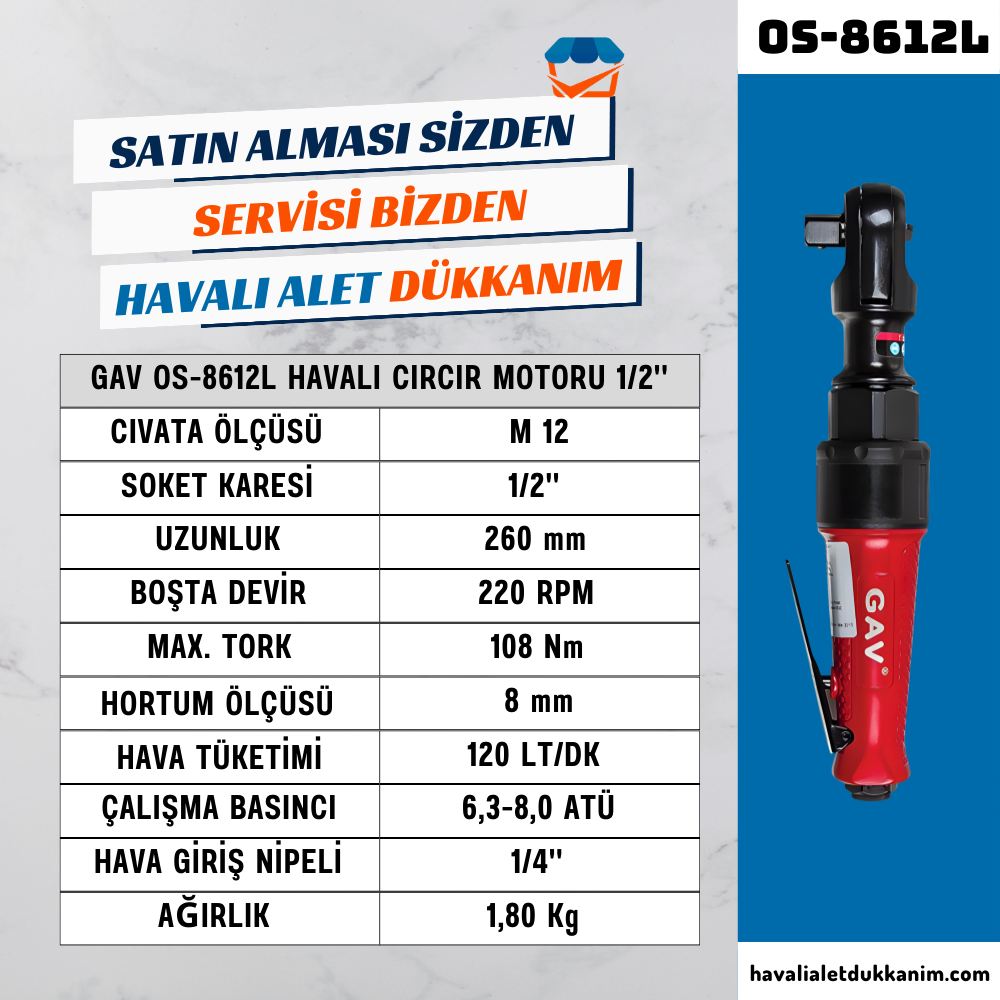 GAV OS-8612L Havalı Cırcır Motoru 1/2