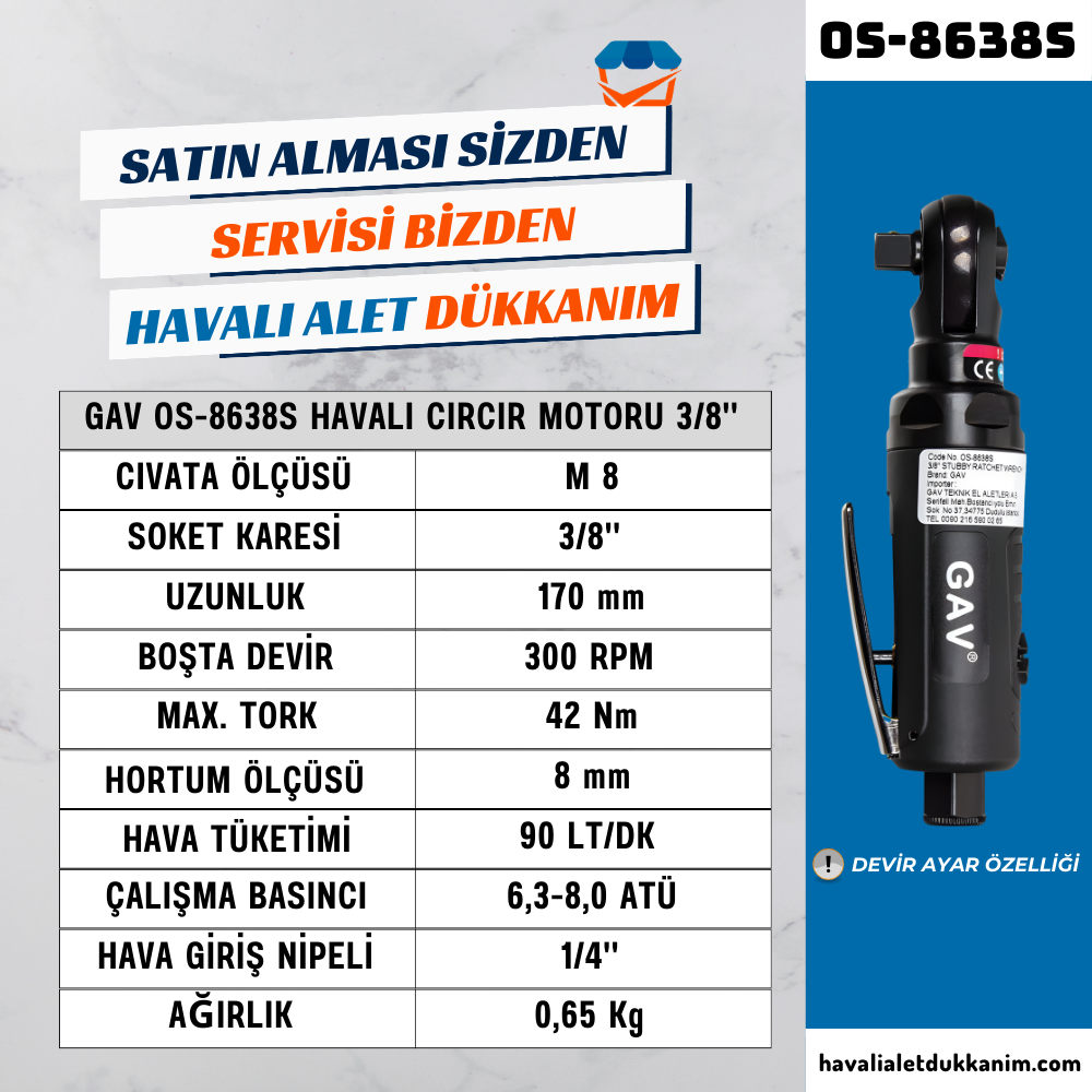 GAV OS-8638S Havalı Cırcır Motoru 3/8