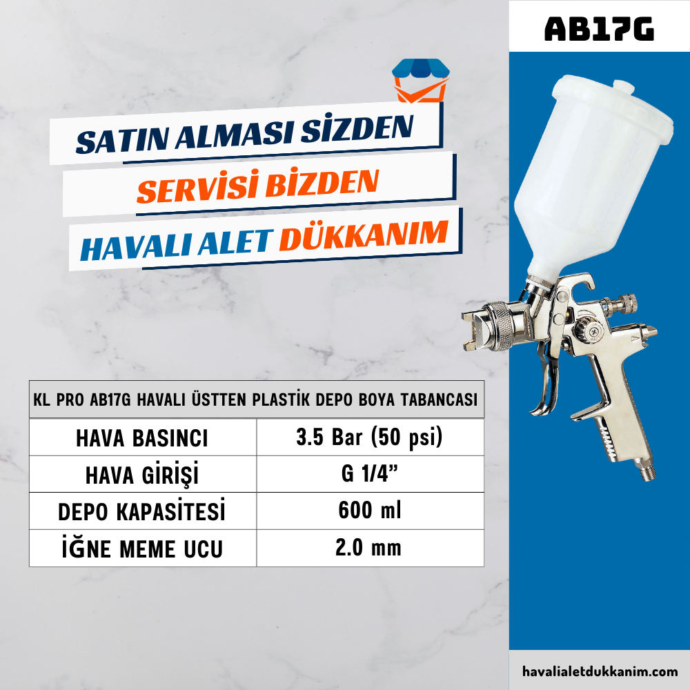 KL PRO AB17G Havalı Üstten Plastik Depo Boya Tabancası 2.0 mm