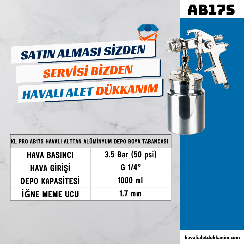 KL PRO AB17S Havalı Alttan Alüminyum Depo Boya Tabancası 1.7 mm