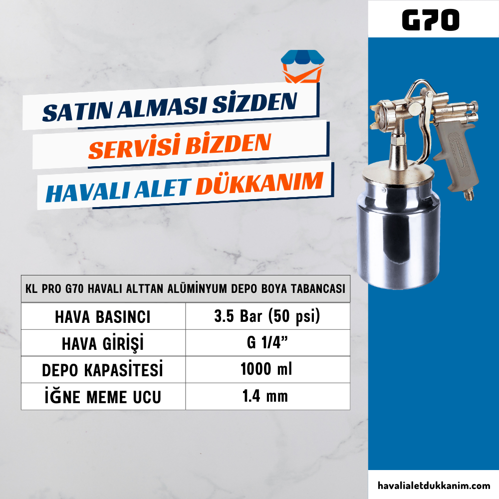 KL PRO G70 Havalı Alttan Alüminyum Depo Boya Tabancası 1.4 mm