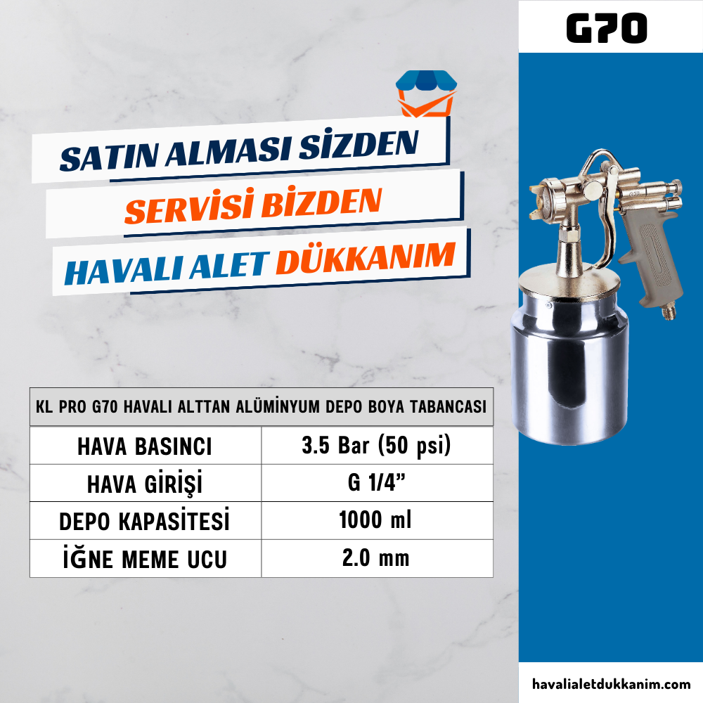 KL PRO G70 Havalı Alttan Alüminyum Depo Boya Tabancası 2.0 mm