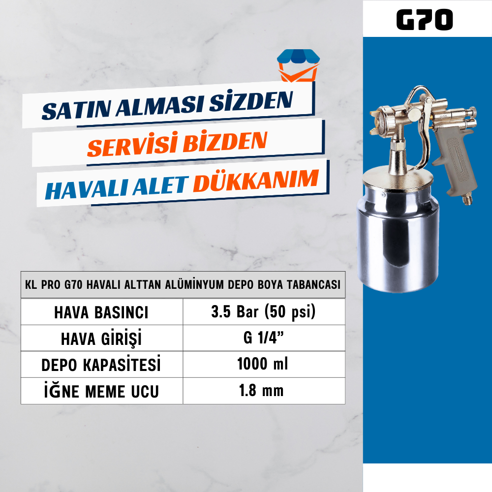 KL PRO G70 Havalı Alttan Alüminyum Depo Boya Tabancası 1.8 mm