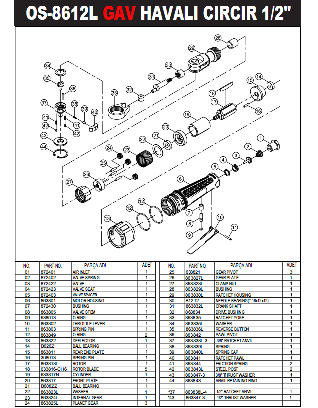 GAV OS-8612L Havalı Cırcır Motoru 1/2