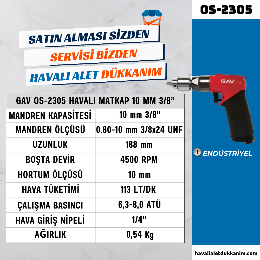 GAV OS-2305 Havalı Matkap 10 mm 3/8”