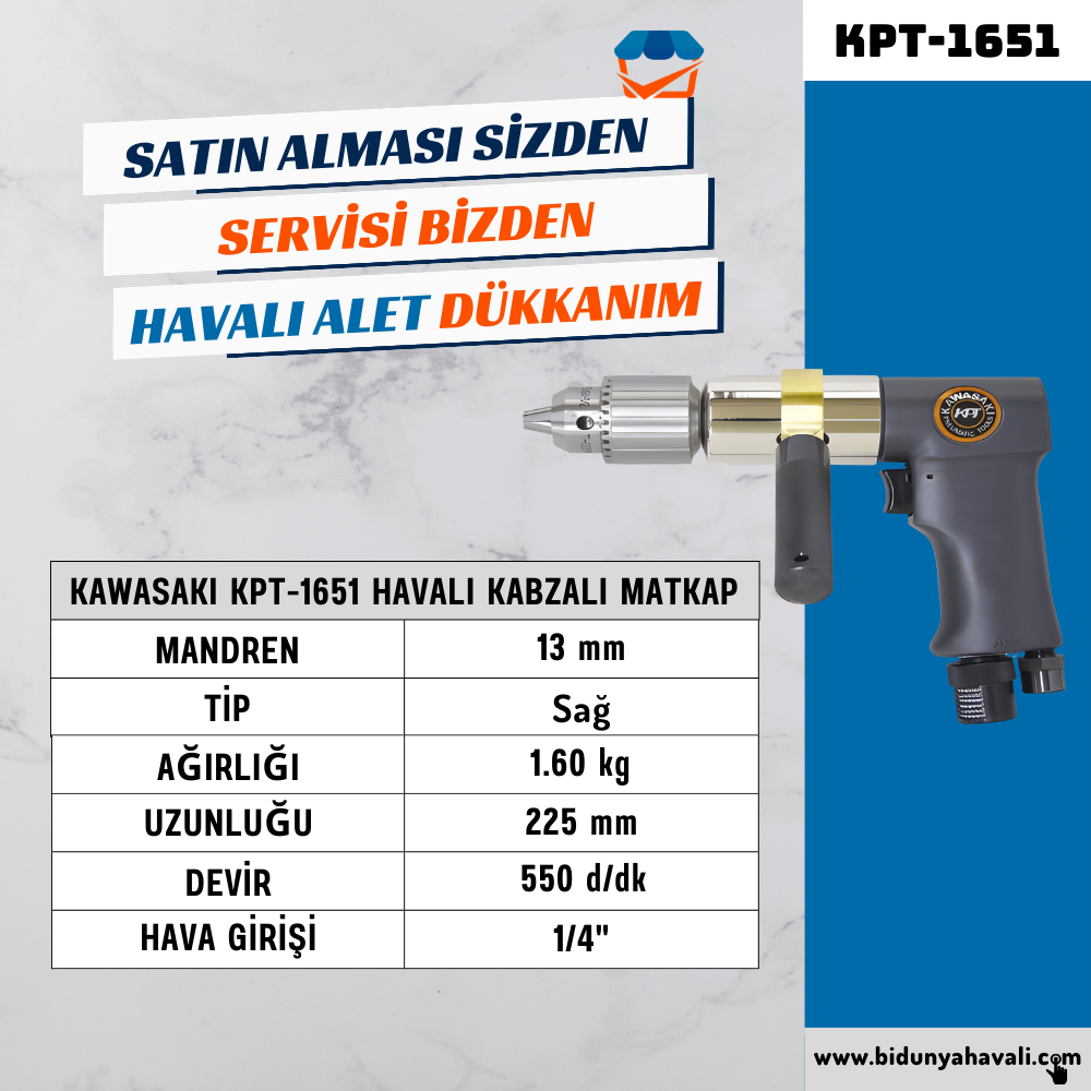 KAWASAKI KPT-1651 Havalı Kabzalı Matkap 13 mm