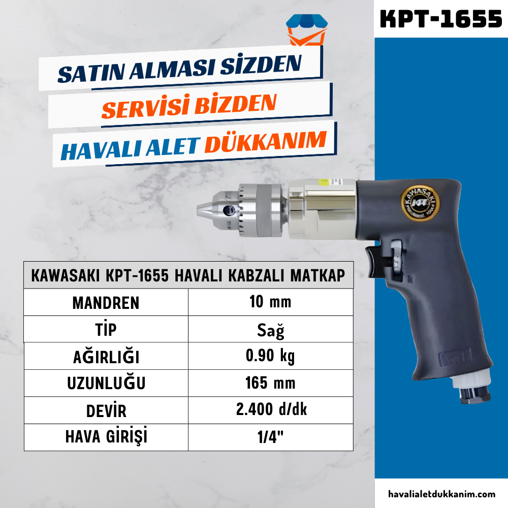 KAWASAKI KPT-1655 Havalı Kabzalı Matkap 10 mm