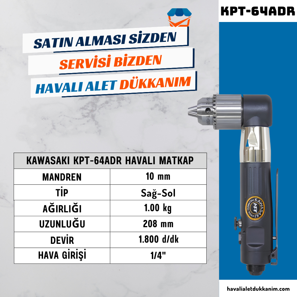 KAWASAKI KPT-64ADR Havalı Matkap 10 mm 90°