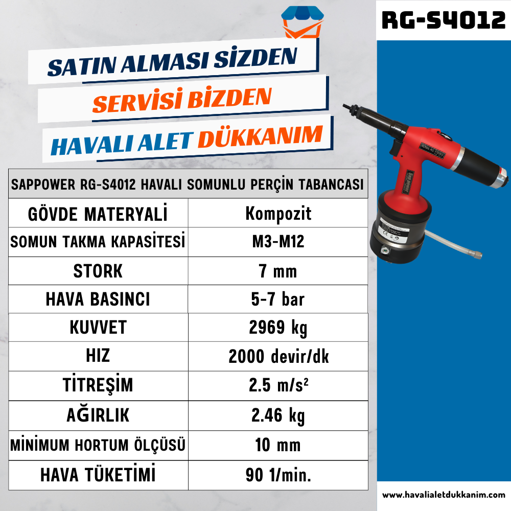 SAPPOWER RG-S4012  Havalı Somun Perçin Tabancası