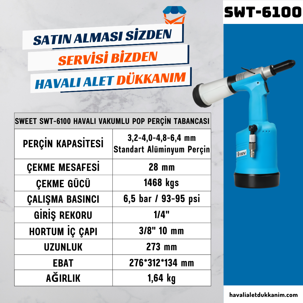 SWEET SWT-6100 Havalı Vakumlu Pop Perçin Tabancası 6.4 mm